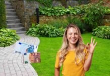 donna con maglia gialla, giardino e 30 euro