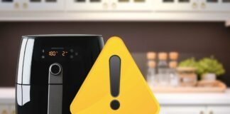 friggitrice ad aria e segnale giallo di pericolo
