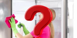 grande punto interrogativo e come sfondo una donna che pulisce frigo