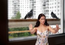 donna che dice stop ai piccioni sul balcone
