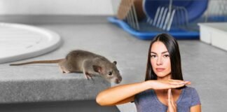 donna che dice no e topolino sul bancone della cucina