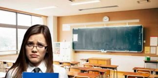 Calendario scolastico 2025/2026: addio alle vacanze, studenti furiosi ragazza triste con occhiali e sfondo di una classe