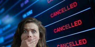 donna sconvolta, voli cancellati