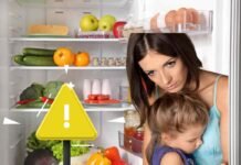 frigo, segnale pericolo, mamma con bambino