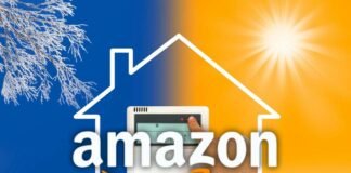 logo Amazo e persona che imposta un termostato