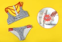 costume da bagno, pattumiera e scritta no