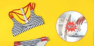 costume da bagno, pattumiera e scritta no