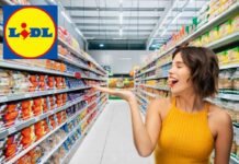 scaffali supermercato, logo lidl, donna felice