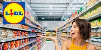 scaffali supermercato, logo lidl, donna felice