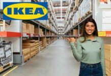 negozio ikea, logo ikea, donna felice