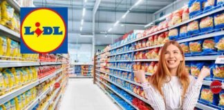 supermercato, donna felice, logo lidl