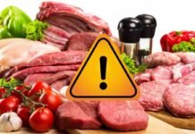 diversi tagli di carne e segnale pericolo