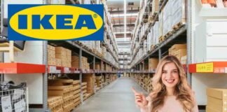 magazzino ikea, logo ikea, donna felice
