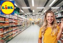 scaffali supermercato, logo lidl, donna felice