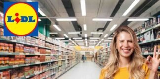 scaffali supermercato, logo lidl, donna felice