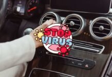 Auto, hai mai pulito i filtri dell’aria condizionata? Fallo ora, nemmeno immagini cosa respiri grafica con scritta 'stop virus' e persona che accende aria condizionata in auto