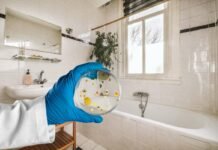 bagno e lente d'ingrandimento con germi