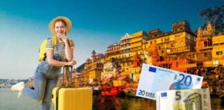 vista delle case dell'India, donna con la valigia, 25 euro