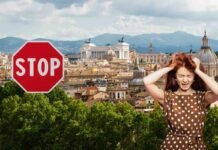 Roma bloccata per quasi 48 ore: strade chiuse al traffico e divieti di sosta vista dall'alto di roma, segnale stop e donna arrabbiata