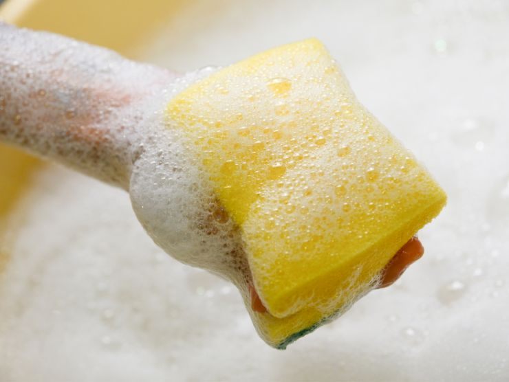 mano che stringe spugna piena di schiuma