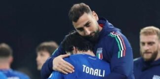 Donnarumma e Tonali si abbracciano in Naziomale