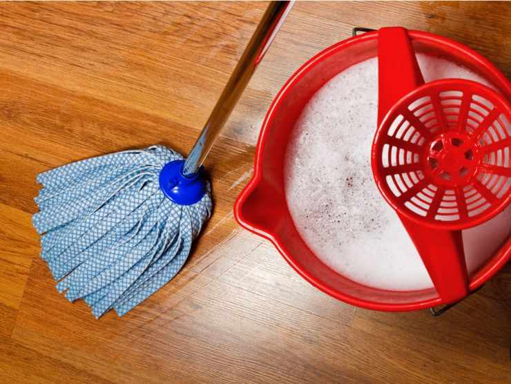 mocio e secchio con l'acqua