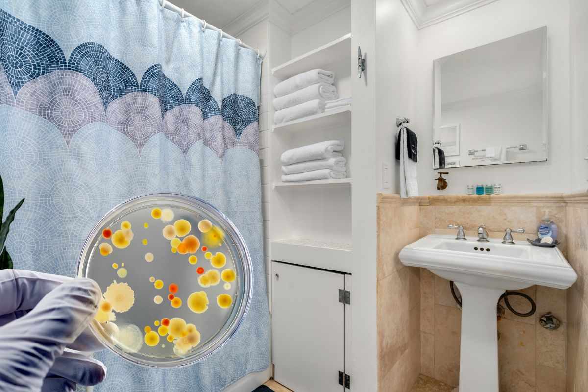 bagno e mano che mantiene un vetrino da laboratorio con batteri