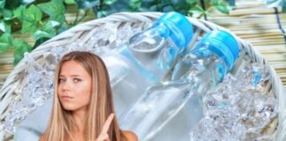 donna che dice no e bottiglie di acqua su ghiaccio