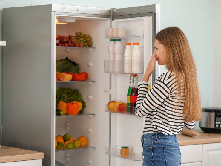 donna che si tappa il naso per la puzza che esce dal frigo