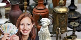 oggetti antiquariato e donna con euro