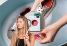 donna che dice no, lavatrice e persona che lava scarpe