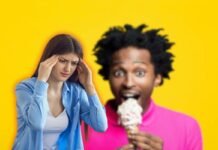 uomo che mangia gelato e donna con mal di testa
