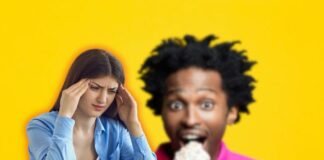 uomo che mangia gelato e donna con mal di testa