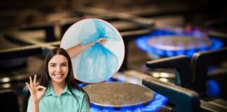 donna che fa ok, cucina con fiamma e sacchetto