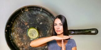 padella sporca e donna che dice no