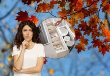 scenario autunnale di sfondo, donna che pensa e cassetto della cucina