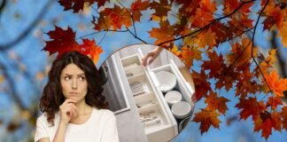 scenario autunnale di sfondo, donna che pensa e cassetto della cucina