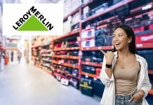 negozio ferramenta, logo leroy Merlin, donna felice