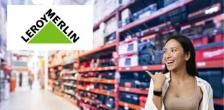 negozio ferramenta, logo leroy Merlin, donna felice