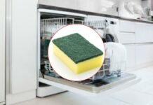 lavastoviglie come sfondo e spugna per piatti in primo piano