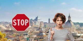 paesaggio di roma, segnale stop e donna arrabbiata