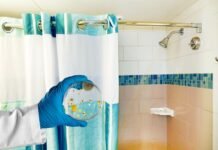 tenda della doccia e mano che mantiene un vetrino da laboratorio con batteri