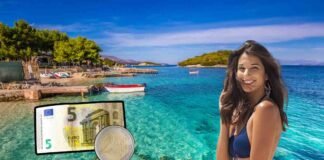 spiaggia Ksamil, donna felice, 7 euro