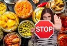 barattoli conserve e donna con segnale stop