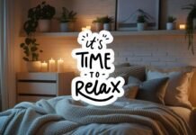 camera da letto e scritta it's time to relax posta in primo piano