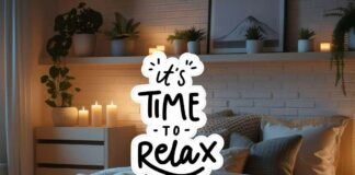 camera da letto e scritta it's time to relax posta in primo piano