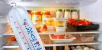 frigorifero pieno e termometro per alimenti