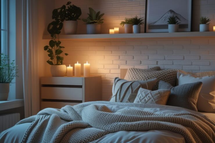 camera da letto luci soffuse e piante 