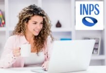 donna al pc con tazza, logo inps