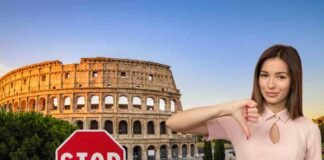 Strade chiuse a Roma sabato 13 e domenica 14 settembre: mappa e orari Colosseo, segnale stop e donna con pollice in giù